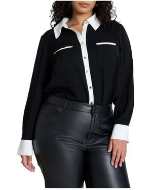 Eloquii Plus Size Combo Collared Long Sleeve Shirt - Black