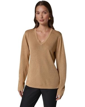Donna Karan Long-sleeve Metallic V-neck Sweater - Natural