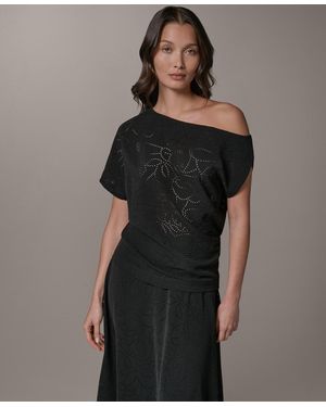 Donna Karan Asymmetric Neck Laser Cut Top - Black