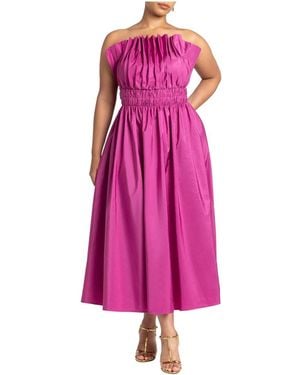 Eloquii Plus Size Pleated Ruffle Neckline Midi Dress - Pink