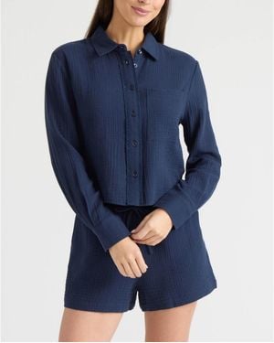 Ellen Tracy Double Gauze Button Front Shirt - Blue