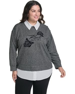 KARL LAGERFELD Plus Size Rose Collared Long-sleeve Twofer Sweater - Gray