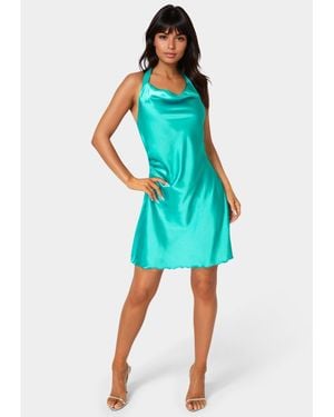 Bebe Satin Sash Neck Mini Dress - Blue