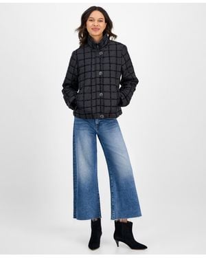 Cece Short Boucle Windowpane Quilted Coat - Blue