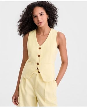 On 34th Plus Size V-neck Button-front Vest Jacket - Natural