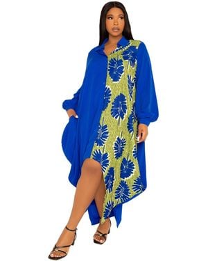 Buxom Couture Plus Size Contrast Print Drapy Shirt Maxi Dress - Blue