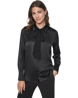 DKNY Satin Long-sleeve Chiffon Neck Tie Blouse - Black