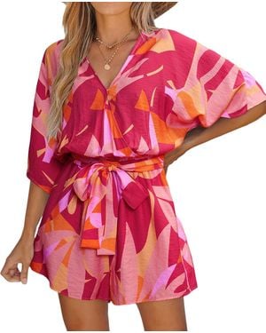 CUPSHE Ribbed V-neck Tie Waist Short Sleeve Romper - Red