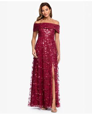 Xscape Off-the-shoulder 3d Embroidered Mesh Ball Gown