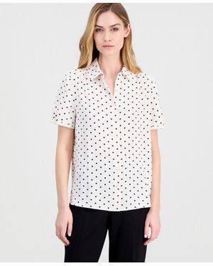 Anne Klein Dot-print Button-up Short-sleeve Blouse - White