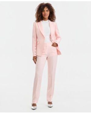 Tahari Twill One Button Peak Lapel Blazer Sleeveless Mock Neck Sweater Mid Rise Bell Bottom Pants - Pink