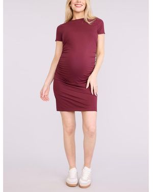 Motherhood Maternity Maternity Crewneck Short Sleeve Side Ruched Bodycon Mini Dress - Red