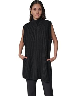 Donna Karan Mock-neck Sleeveless Ribbed Sweater Tunic - Black