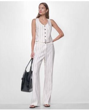 DKNY Heavy Topstitch Striped V Neck Vest Striped Pants - White