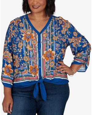 Ruby Rd. Plus Size Floral Vines Tied Button Front Blouse - Blue
