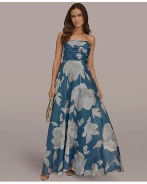 Donna Karan Strapless Floral Organza Maxi Dress - Blue