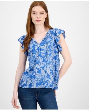 Tommy Hilfiger Floral-print Flutter-sleeve Top - Blue