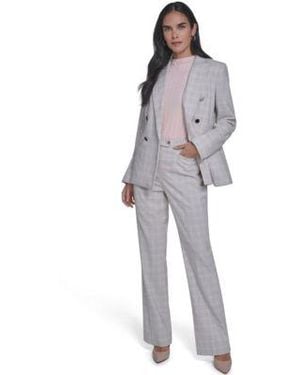 Calvin Klein Windowpane Double Breasted Jacket Textured Mock Neck Cap Sleeve Top Windowpane Modern Fit Pants - Gray