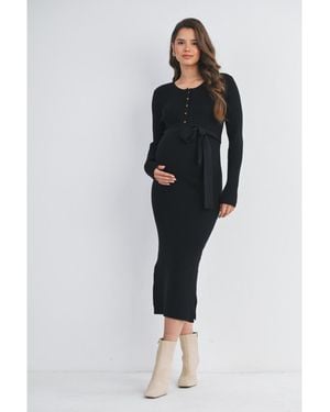 Hello Miss Maternity Ribbed Button Down Waist Tie Midi Nursing Dress - Black