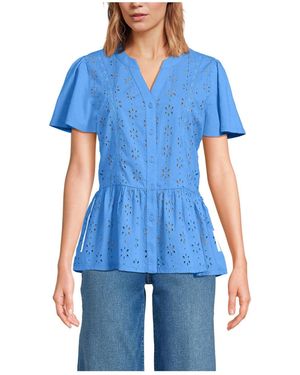 Lands' End Short Sleeve Mixed Media Eyelet Top - Blue