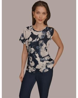 Donna Karan Printed Scoop Neck Top - Blue