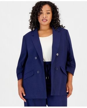 Jones New York Plus Size Open-front Scrunch-sleeve Blazer - Blue