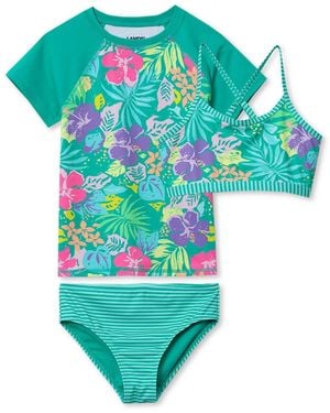 Lands' End Girls Chlorine Resistant Short Sleeve Rash Guard 3 Piece Swimsuit Set - Blue