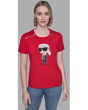Karl Lagerfeld Crewneck Embellished Zip Shoulder T-shirt - Red