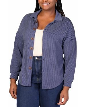 24seven Comfort Apparel Plus Size Rib Button Up Shirt Jacket - Blue