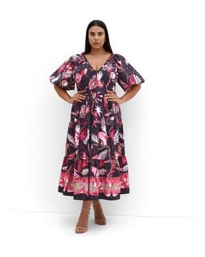 City Chic Simona Print Puff Sleeve Dress - Red
