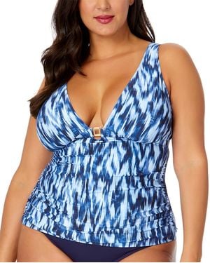 Anne Cole Plus Size Printed Ring-trim Plunge Tankini Top - Blue