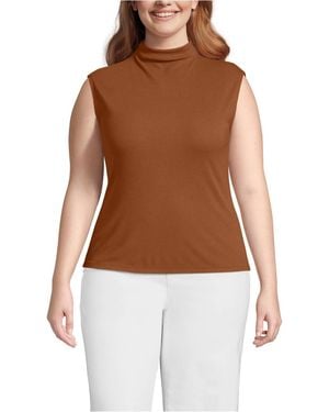 Lands' End Plus Size Cap Sleeve Drapey Rib Fitted Funnel Neck Tank - Brown