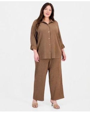 Anne Klein Plus Size Button Front Roll Tab Sleeve Shirt Pull On Wide Leg Pants - Brown