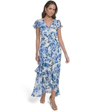 Eliza J Asymmetrical Ruffle V Neck Maxi Dress - Blue