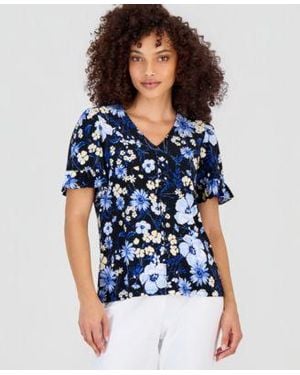 Anne Klein Essentials Printed Ruffle Sleeve Top - Blue