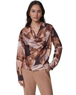 Donna Karan Long Sleeve Satin Cowl Neck Blouse - Red