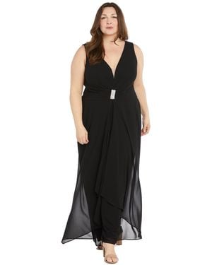 R & M Richards Plus Size Plunge-neck Chiffon Jumpsuit - Black