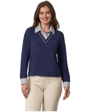 Cable & Gauge Long-sleeve Layered V-neck Top - Blue