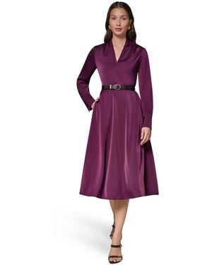 Donna Karan Long-sleeve Satin Belted Midi Dress - Purple