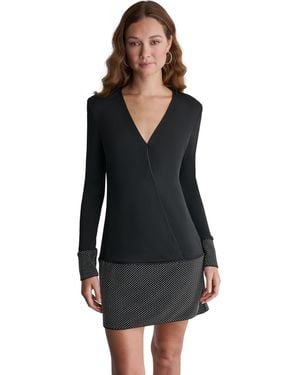 BCBGMAXAZRIA Long-sleeve V-neck Crystal Beaded Mesh Mini Dress - Black