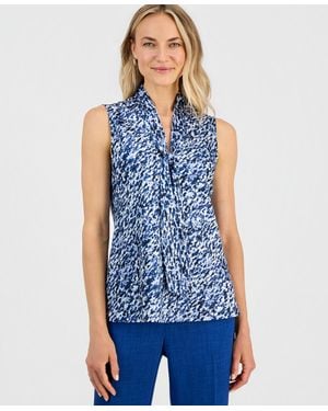Kasper Printed Tie-neck Sleeveless Blouse - Blue