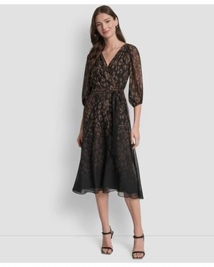 DKNY Balloon Sleeve Faux Wrap Midi Dress - Black