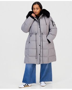 Steve Madden Hooded 3/4 Ff Anorak Puffer Coat - Gray