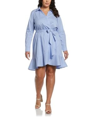 Rafaella Plus Size Stripe Poplin Ruffle Long Sleeve Wrap Dress - Blue