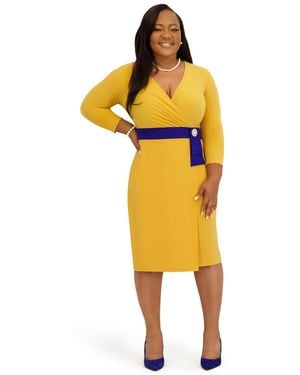 Kasper V-neck Knee Length Wrap Dress - Yellow