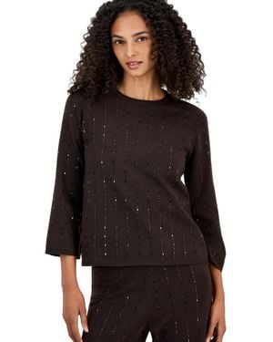 Anne Klein Petite Heatset Stripe Crewneck Loose-fit 3/4-sleeve Sweater - Black