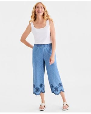 Style & Co. Cotton Chambray Embroidered-hem Capri Pants - Blue