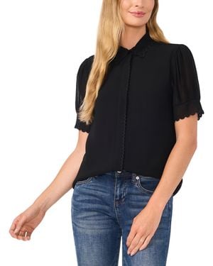 Cece Scalloped Puff-sleeve Button-front Top - Black
