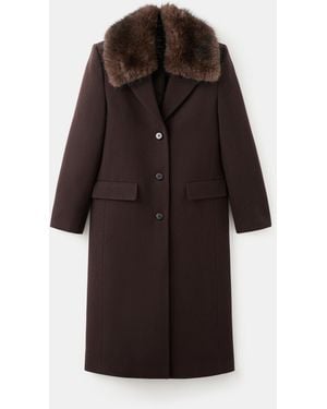 Mango Fur Collar Wool Coat - Brown