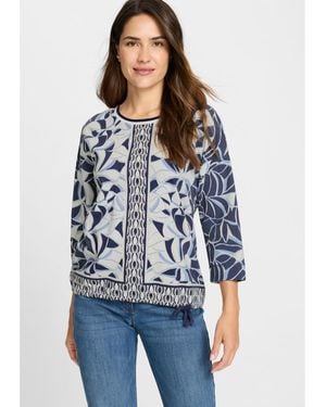 Olsen Abstract Leaf & Border Print T-shirt - Blue